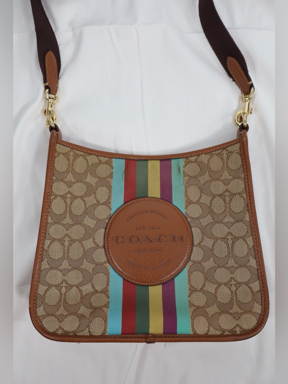 Coach Dempsey File Bag In Signature Jacquard With Varsity Stripe Crossbody Beige - Picture 7 of 9